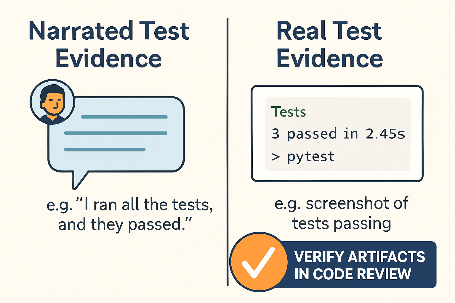 An illustration contrasting narrated test evidence with real test evidence.