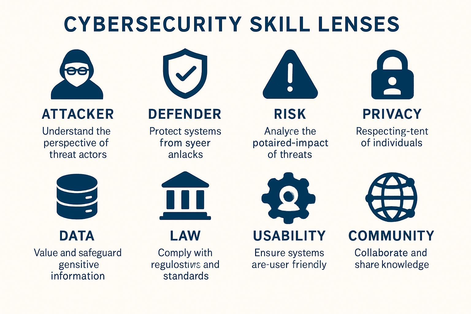 An illustrated list of the nine lenses in the cybersecurity skill.